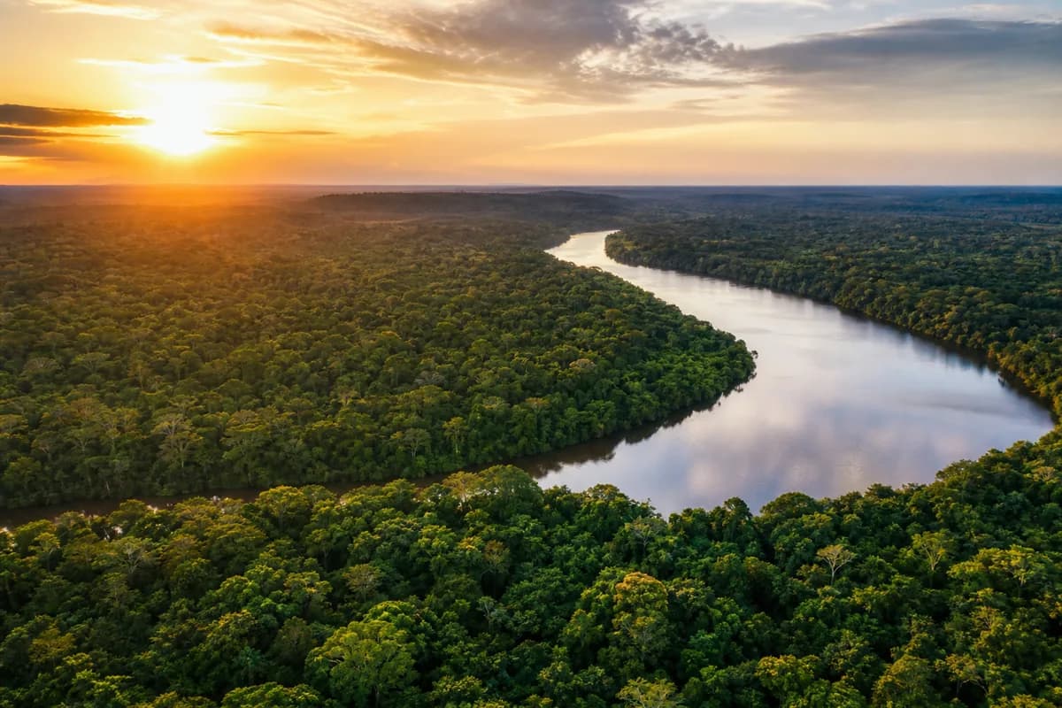 Floresta amazônica e rio ao pôr do sol