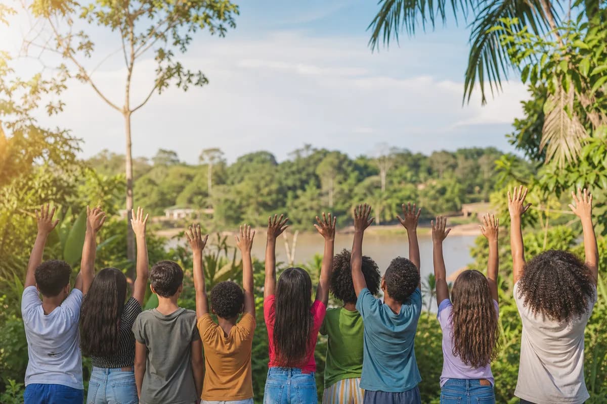 Crianças e adolescentes em uma paisagem amazônica